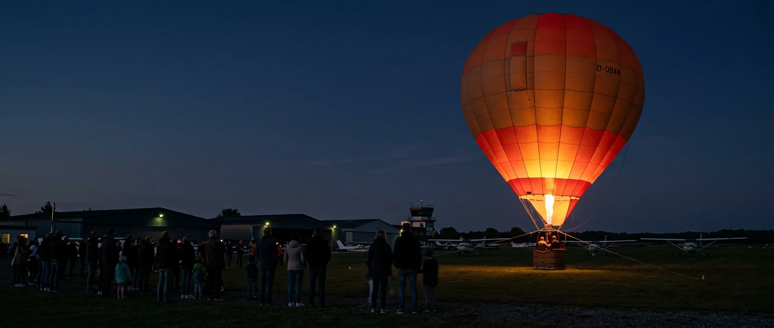 Stimmungsvolle KI-Illustration eines Ballonglühens am Flugplatz